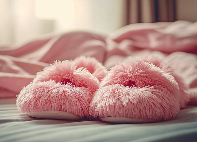 Pink faux fur slippers with fluffy texture design