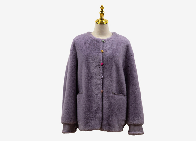 Purple faux fur winter jacket with button closure